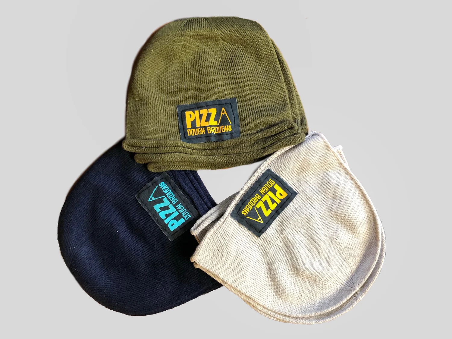 Pizza Dough Broughs custom patch beanies three colors Colorado